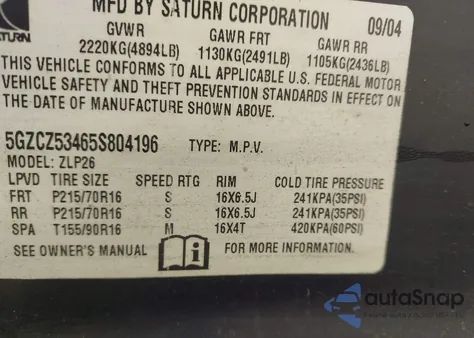 2005 Saturn Vue V6 z USA, uszkodzony, nr VIN 5GZCZ53465S804196